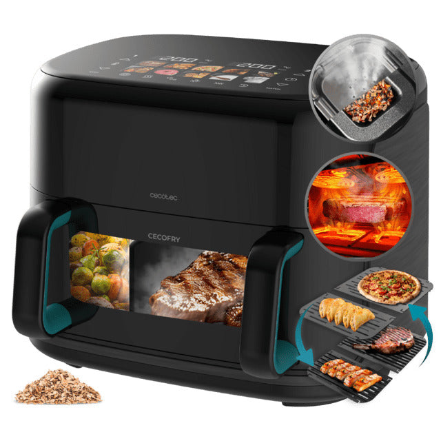 Cecofry&Grill Smokin'Prime 11000 Air Fryer with double heating element for perfect results and grilled meat flavour, 11 litre capacity, 2300 W power for healthy meals and removable divider which allows you to choose between two dual temperature baskets
